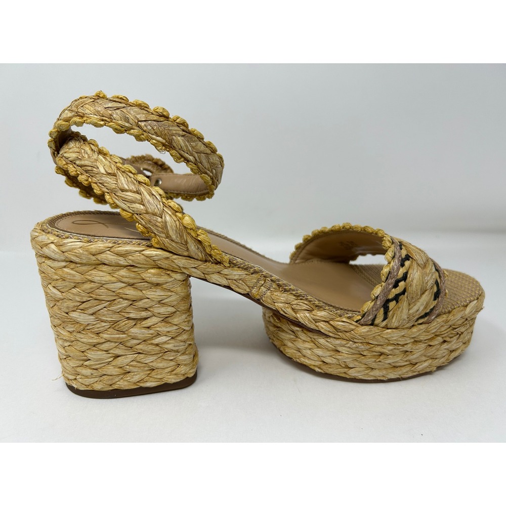 Sam Edelman Raffia Platform Sandals Tan Woven Block Heel Ankle Strap Size 10.5